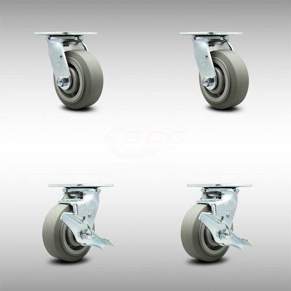 5 Inch SS Thermoplastic Rubber Swivel Caster Set with Ball Bearing 2 Brakes SCC